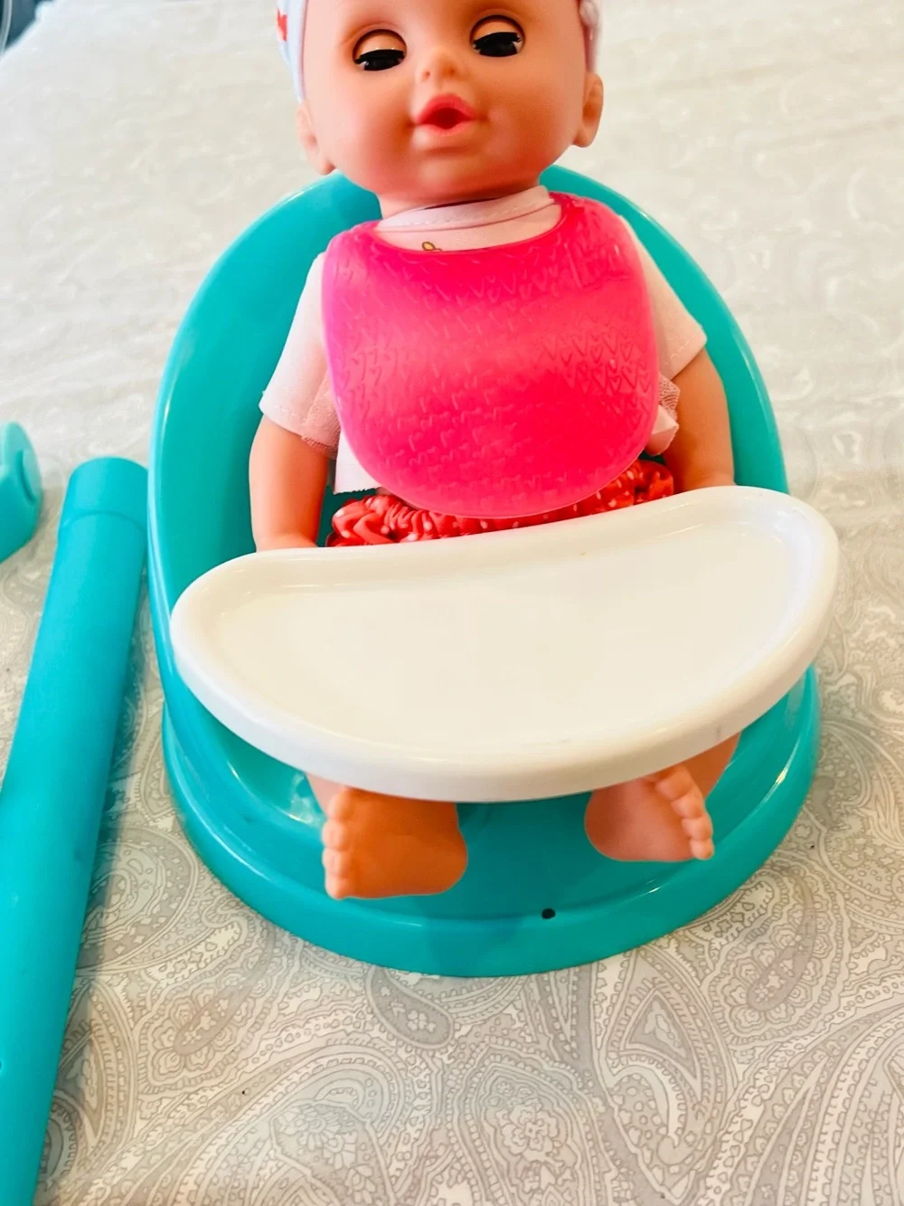 Baby Doll with Bright Pink Silicone Bib and Teal Seat & doll vacuum furniture